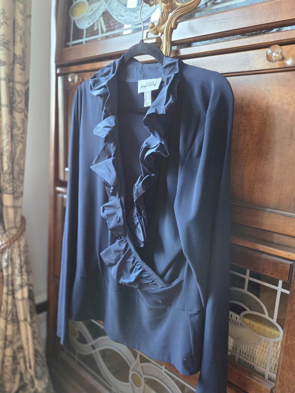 Exquisite Joseph Ribkoff Navy Ruffle Faux Wrap Top - Picture 5 of 7